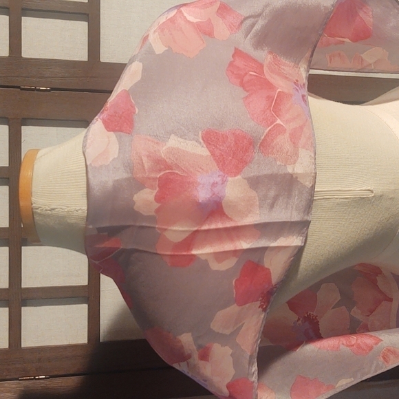Gray and Pink Flowers Print Silk Scarf - Picture 4 of 4